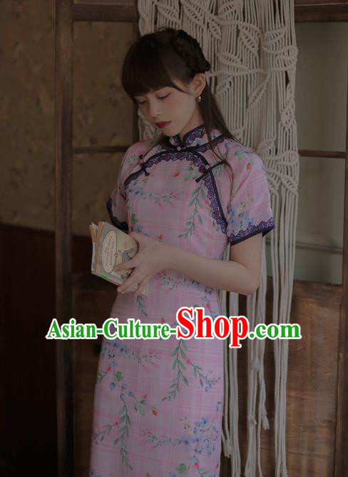 Chinese Classical National Printing Pink Cheongsam Traditional Tang Suit Qipao Dress for Women