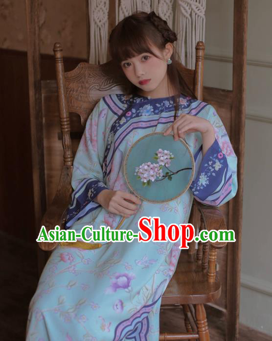 Chinese Classical National Printing Blue Cheongsam Traditional Tang Suit Qipao Dress for Women