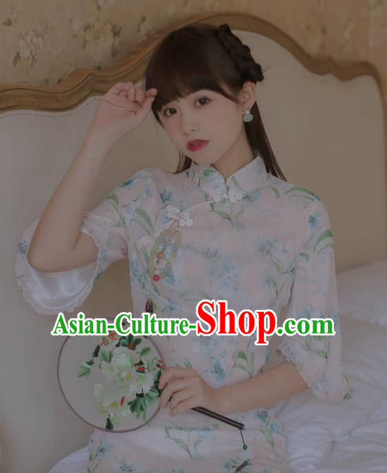 Chinese Classical National Printing White Cheongsam Traditional Tang Suit Qipao Dress for Women