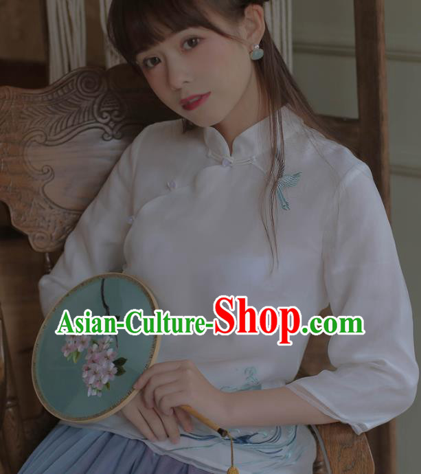 Chinese National Classical Embroidered White Silk Qipao Blouse Traditional Tang Suit Upper Outer Garment for Women