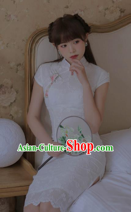 Chinese Classical National White Lace Cheongsam Traditional Tang Suit Qipao Dress for Women