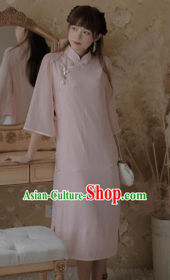 Chinese Classical National Light Pink Cheongsam Traditional Tang Suit Qipao Dress for Women