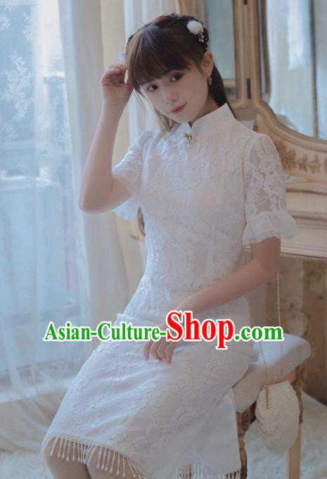 Chinese Classical National White Lace Cheongsam Traditional Tang Suit Qipao Dress for Women