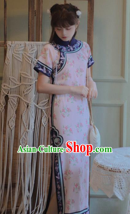 Chinese National Printing Pink Cheongsam Traditional Classical Tang Suit Qipao Dress for Women