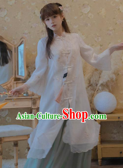 Chinese National Classical Embroidered White Silk Coat Traditional Tang Suit Upper Outer Garment for Women