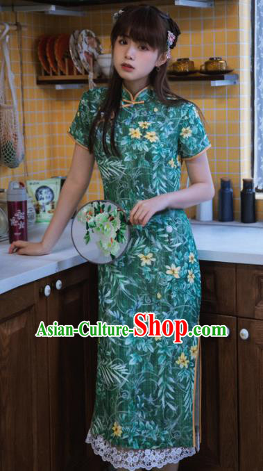 Chinese National Printing Green Cheongsam Traditional Classical Tang Suit Qipao Dress for Women