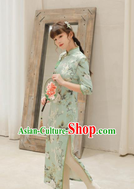 Chinese National Printing Green Cheongsam Traditional Classical Tang Suit Qipao Dress for Women