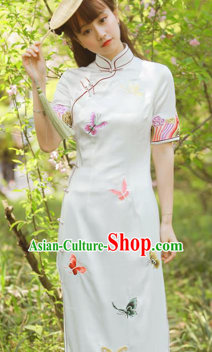 Traditional Chinese National Embroidered Butterfly White Cheongsam Classical Tang Suit Qipao Dress for Women