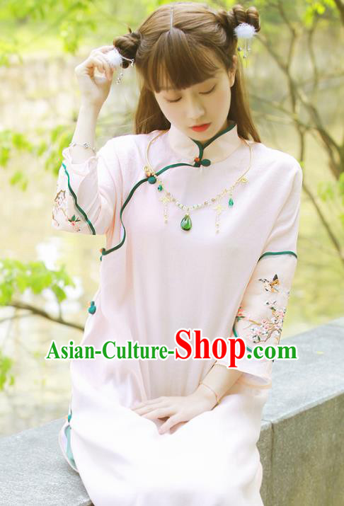 Traditional Chinese National Embroidered Flowers Pink Cheongsam Classical Tang Suit Qipao Dress for Women