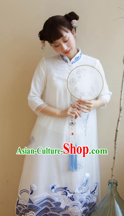 Traditional Chinese National Embroidered White Organza Cheongsam Classical Tang Suit Qipao Dress for Women