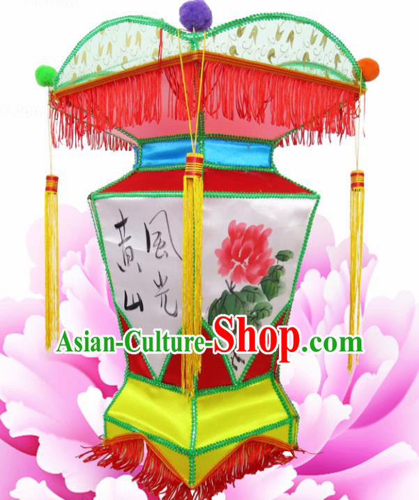 Chinese Handmade Ink Painting Peony Palace Lanterns Traditional New Year Lantern Ancient Ceiling Lamp