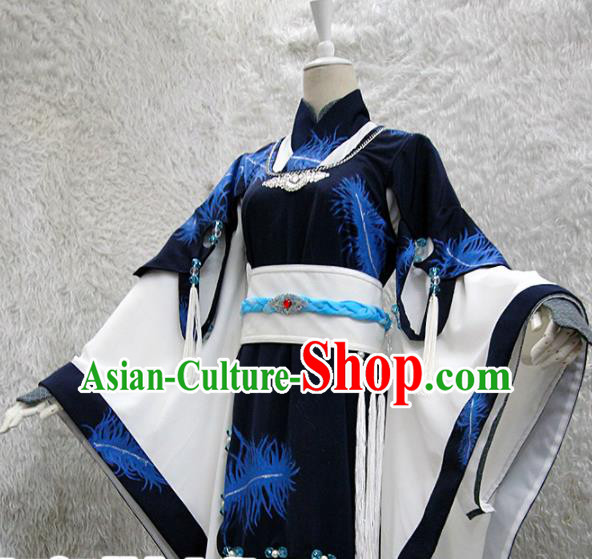 Chinese Traditional Cosplay Peri Costume Ancient Swordswoman Navy Hanfu Dress for Women