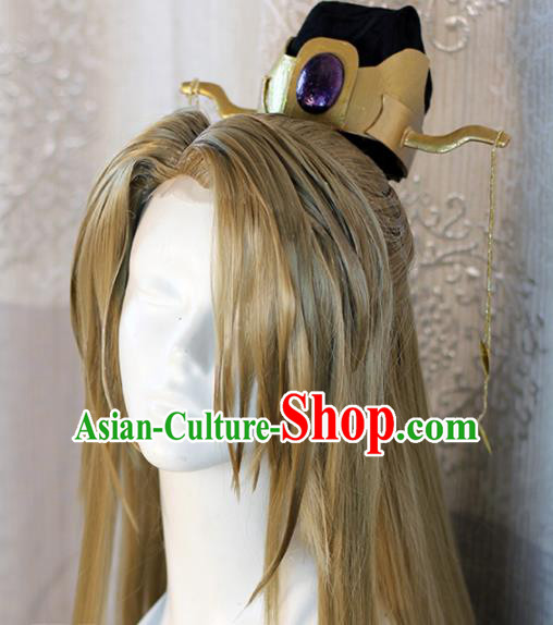 Chinese Traditional Cosplay Prince Golden Wig Ancient Swordsman Wig Sheath for Men