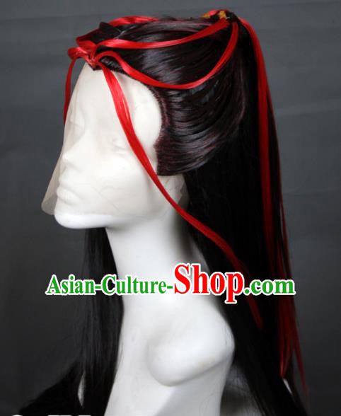 Chinese Traditional Cosplay Prince Black Wig Ancient Swordsman Wig Sheath for Men