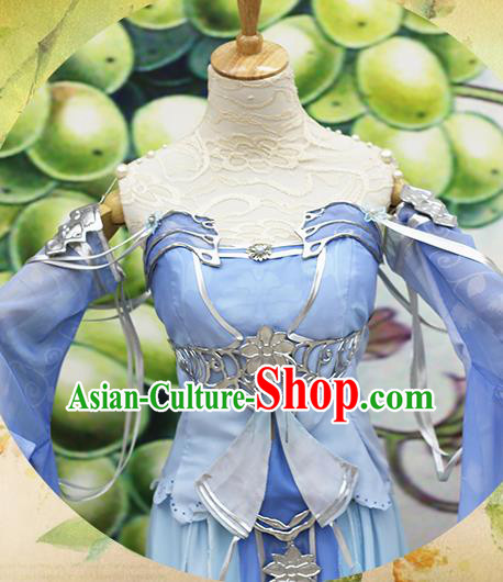 Chinese Traditional Cosplay Swordswoman Costume Ancient Peri Princess Blue Hanfu Dress for Women