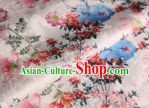 Chinese Traditional Satin Fabric Material Classical Flowers Pattern Design White Brocade Cheongsam Silk Fabric