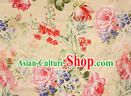 Chinese Traditional Fabric Classical Peony Pattern Design Yellow Brocade Cheongsam Satin Material Silk Fabric