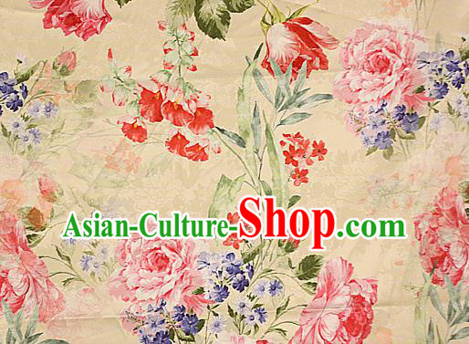 Chinese Traditional Fabric Classical Peony Pattern Design Yellow Brocade Cheongsam Satin Material Silk Fabric