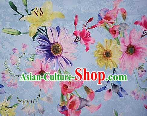 Chinese Traditional Fabric Classical Daisy Pattern Design Blue Brocade Cheongsam Satin Material Silk Fabric