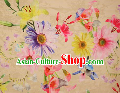 Chinese Traditional Fabric Classical Daisy Pattern Design Yellow Brocade Cheongsam Satin Material Silk Fabric