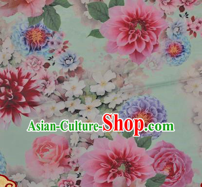 Chinese Traditional Hanfu Printing Peony Pattern Green Brocade Material Cheongsam Classical Fabric Satin Silk Fabric