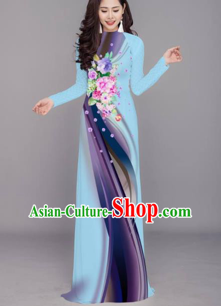 Vietnam Traditional Printing Flowers Blue Aodai Cheongsam Asian Costume Vietnamese Bride Classical Qipao Dress for Women