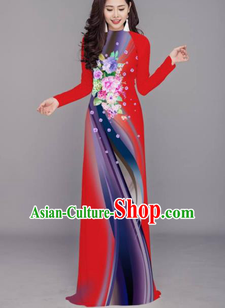 Vietnam Traditional Printing Flowers Red Aodai Cheongsam Asian Costume Vietnamese Bride Classical Qipao Dress for Women