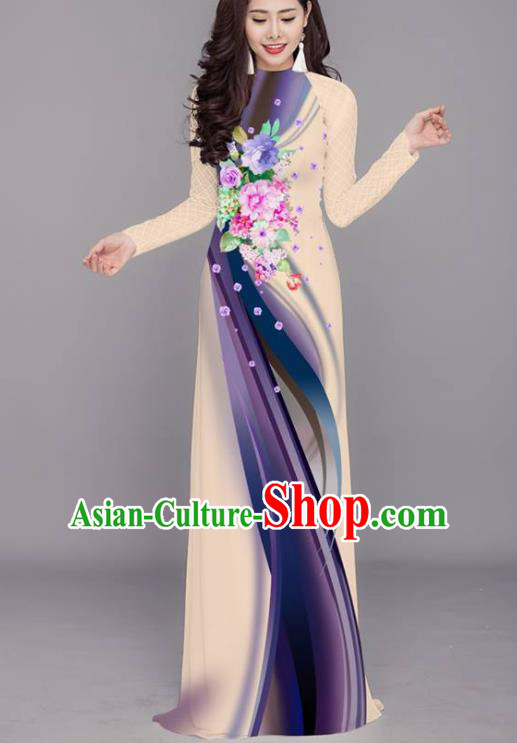 Vietnam Traditional Printing Flowers Beige Aodai Cheongsam Asian Costume Vietnamese Bride Classical Qipao Dress for Women