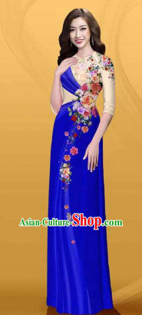 Vietnam Traditional Printing Roses Royalblue Aodai Cheongsam Asian Costume Vietnamese Bride Classical Qipao Dress for Women