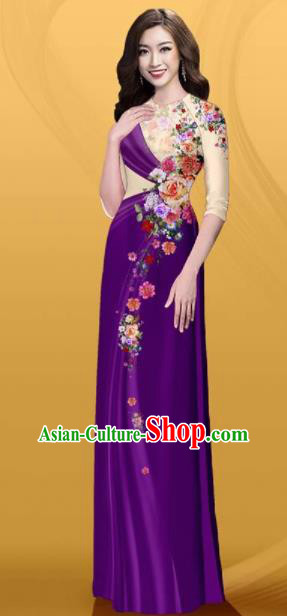 Vietnam Traditional Printing Roses Purple Aodai Cheongsam Asian Costume Vietnamese Bride Classical Qipao Dress for Women