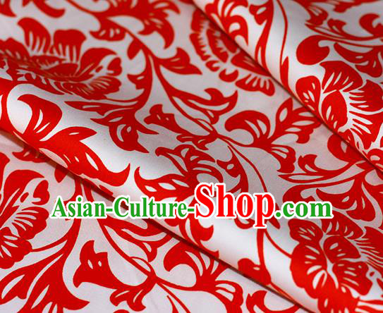 Chinese Traditional Fabric Cheongsam Printing Red Pattern Brocade Material Hanfu Classical Satin Silk Fabric
