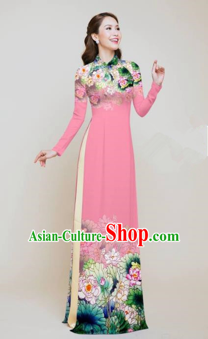 Vietnam Traditional Costume Printing Lotus Pink Aodai Cheongsam Asian Vietnamese Bride Classical Qipao Dress for Women