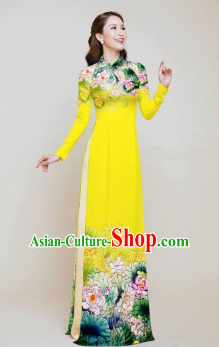 Vietnam Traditional Costume Printing Lotus Yellow Aodai Cheongsam Asian Vietnamese Bride Classical Qipao Dress for Women