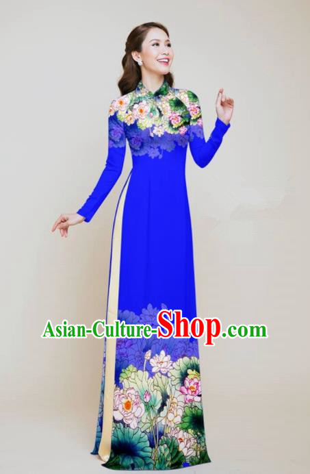 Vietnam Traditional Costume Printing Lotus Royalblue Aodai Cheongsam Asian Vietnamese Bride Classical Qipao Dress for Women