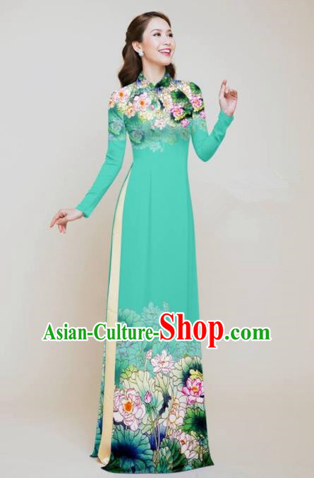 Vietnam Traditional Costume Printing Lotus Green Aodai Cheongsam Asian Vietnamese Bride Classical Qipao Dress for Women