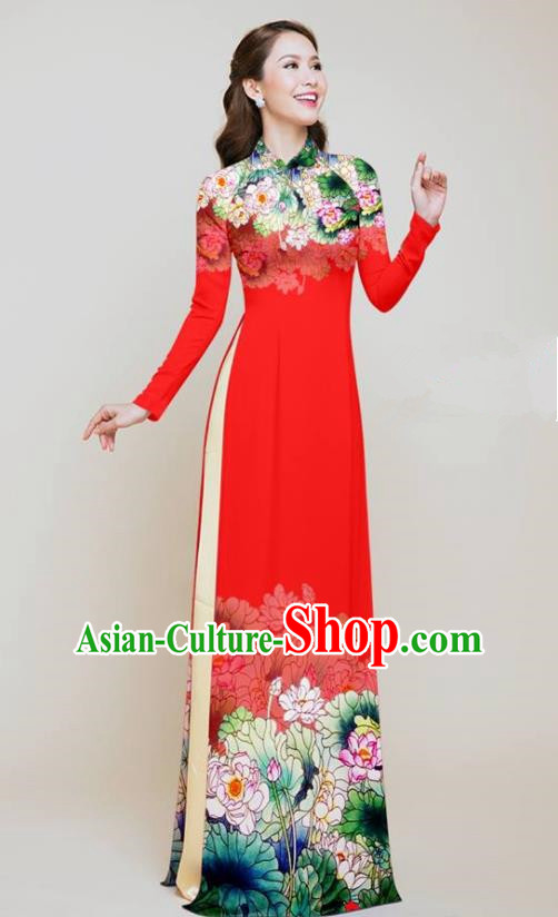 Vietnam Traditional Costume Printing Lotus Red Aodai Cheongsam Asian Vietnamese Bride Classical Qipao Dress for Women