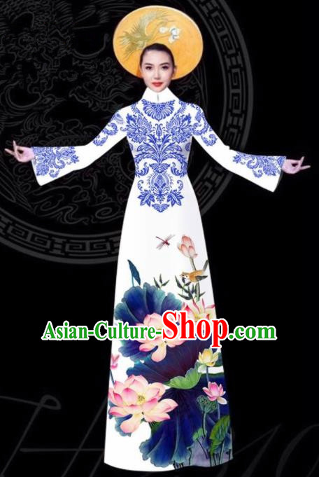 Vietnam Traditional Court Printing Lotus White Aodai Cheongsam Asian Vietnamese Queen Classical Qipao Dress for Women