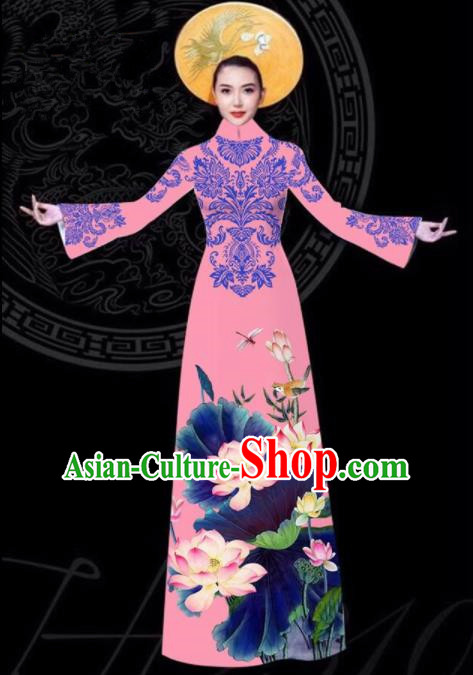 Vietnam Traditional Court Printing Lotus Pink Aodai Cheongsam Asian Vietnamese Queen Classical Qipao Dress for Women