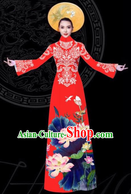 Vietnam Traditional Court Printing Lotus Red Aodai Cheongsam Asian Vietnamese Queen Classical Qipao Dress for Women