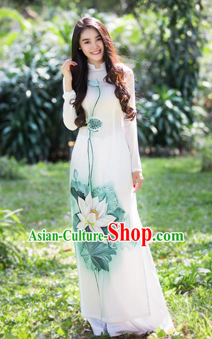 Vietnam Traditional Wedding Printing Lotus Aodai Cheongsam Asian Vietnamese Bride Classical Qipao Dress for Women