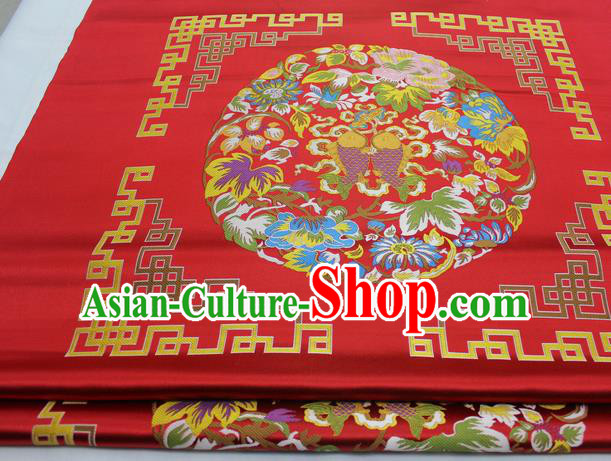 Chinese Traditional Tang Suit Red Brocade Royal Double Fishes Pattern Satin Fabric Material Classical Silk Fabric