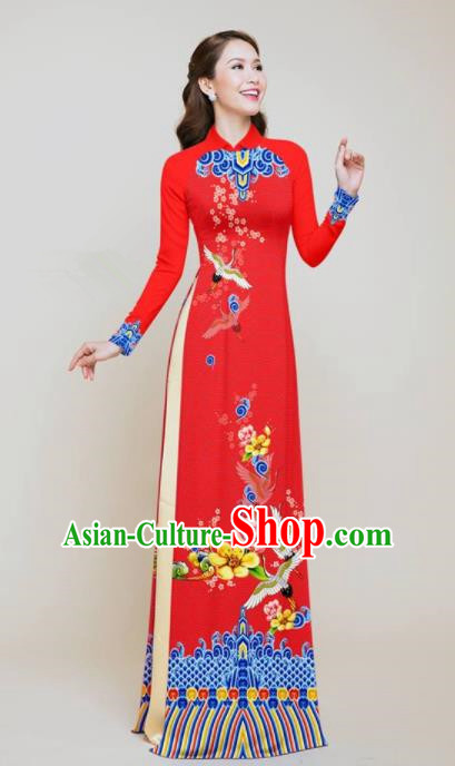 Vietnam Traditional Wedding Printing Flowers Cranes Red Aodai Cheongsam Asian Vietnamese Bride Classical Qipao Dress for Women