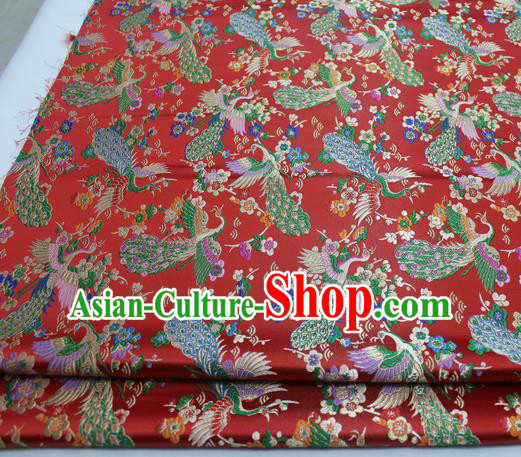Chinese Traditional Tang Suit Royal Peacock Pattern Red Brocade Satin Fabric Material Classical Silk Fabric