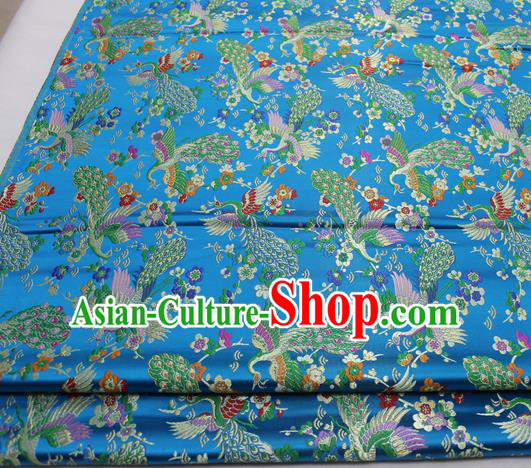 Chinese Traditional Tang Suit Royal Peacock Pattern Blue Brocade Satin Fabric Material Classical Silk Fabric