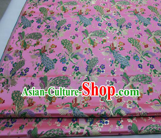 Chinese Traditional Tang Suit Royal Peacock Pattern Pink Brocade Satin Fabric Material Classical Silk Fabric
