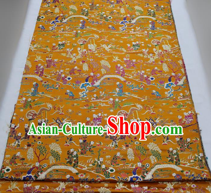 Chinese Traditional Tang Suit Royal Hundred Children Pattern Golden Brocade Satin Fabric Material Classical Silk Fabric