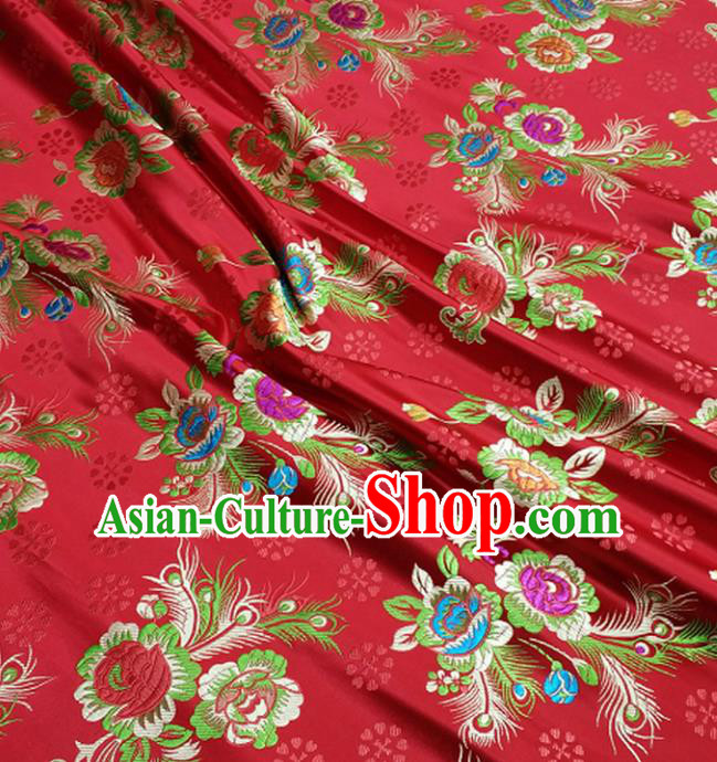 Chinese Traditional Tang Suit Royal Feather Peony Pattern Red Brocade Satin Fabric Material Classical Silk Fabric