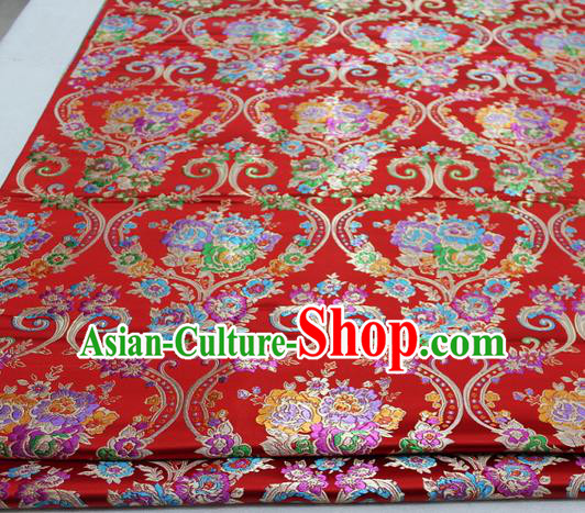 Asian Chinese Traditional Tang Suit Royal Peony Vase Pattern Red Brocade Satin Fabric Material Classical Silk Fabric