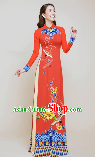 Vietnam Traditional Wedding Printing Flowers Cranes Orange Aodai Cheongsam Asian Vietnamese Bride Classical Qipao Dress for Women