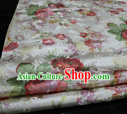 Chinese Traditional Fabric Royal Peony Pattern White Brocade Material Hanfu Classical Satin Silk Fabric